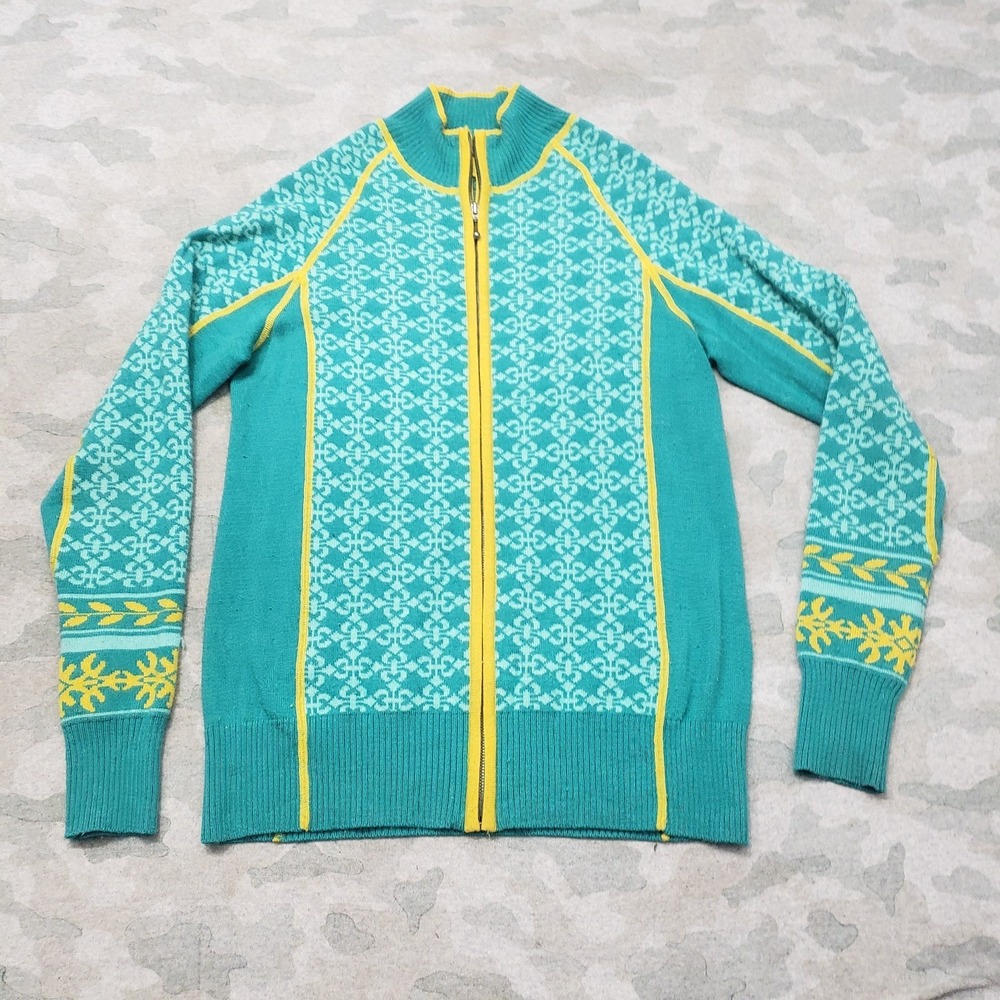 Cabela's Sweatshirt Womens Small Green Geo Print Full Zip Merino Wool Blend